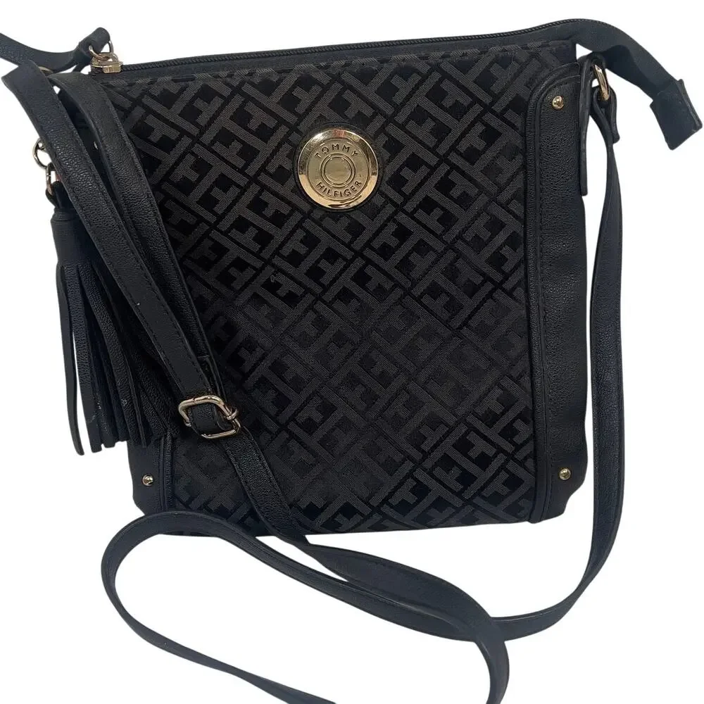 Tommy Hilfiger Black Monogram Faux Leather Crossbody Bag Gold Tone Medallion